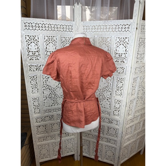 Lafayette 148 100% Linen Orange Floral Embroidered Blouse Medium Preppy Beachy - Picture 6 of 8